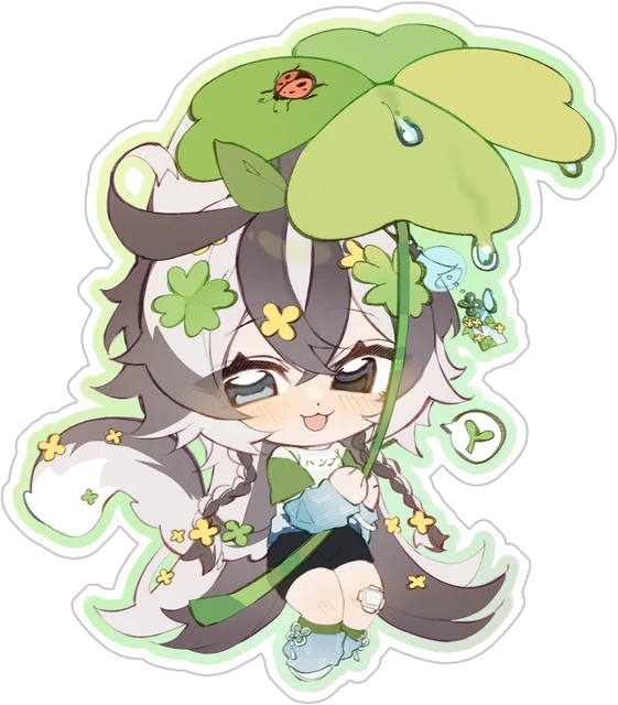 Chibi holding a giant four-leaf clover