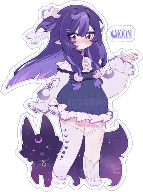 Chibi of a purple-haired girl with a moon cat